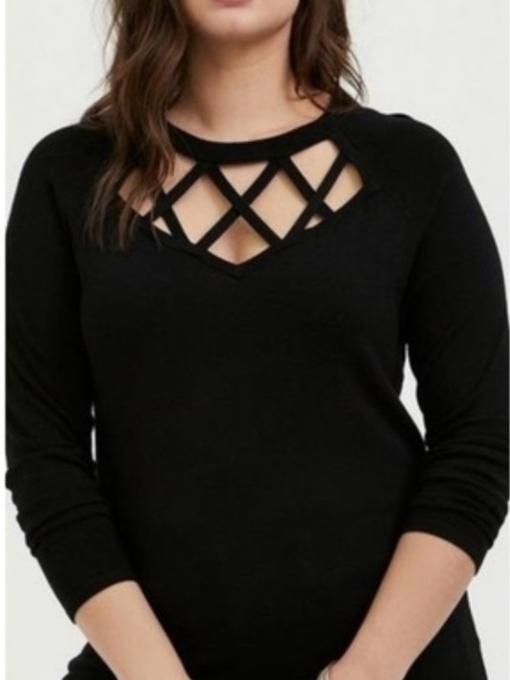 Torrid Black Lattice Cage Front 3/4 Sleeve Sweater